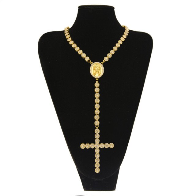 Iced Rosary Necklace Link Bling AAA Rhinestone Gold Cross Jesus Head Pendant  Chain