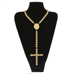 Iced Rosary Necklace Link Bling AAA Rhinestone Gold Cross Jesus Head Pendant  Chain